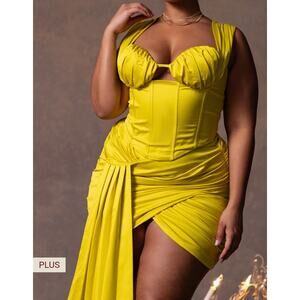 PrettyLittleThing Plus Chartreuse Constructed Satin Ruched Drape Bodycon Skirt